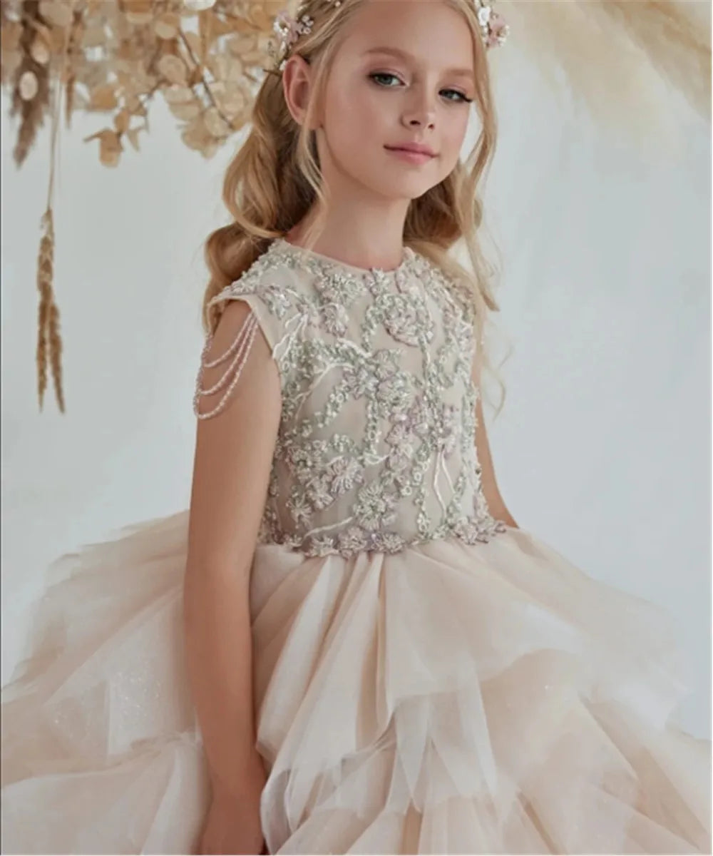 Kids Girls Puffy Long Tulle Beads Pageant Party Gown