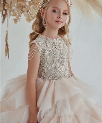 Kids Girls Puffy Long Tulle Beads Pageant Party Gown