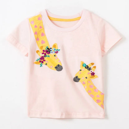 Kids Girls Stylish Cartoon Animal Prints Cotton Tops Tees for Summer childrensterritory