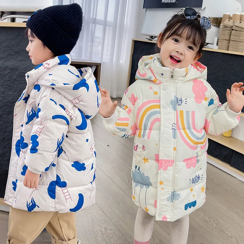 Kids Girls Boys Rainbow Print Down Hooded Jacket childrensterritory