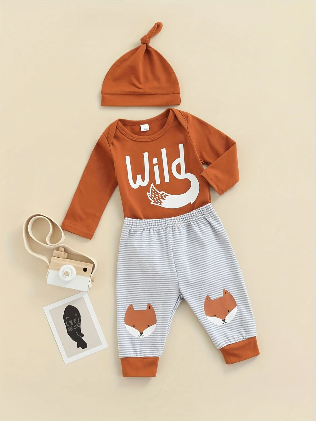 Cute Fox Print Long Sleeve Bodysuit Hat And Pants Baby 3 Pieces Suit childrensterritory