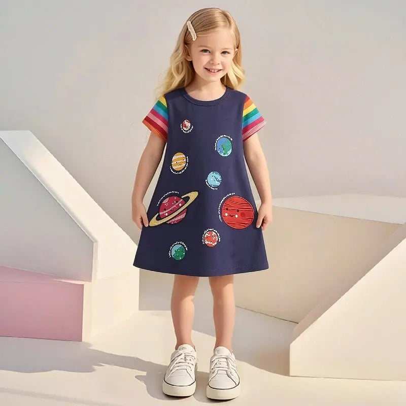 Kids Girls Solar System Print Summer Dresses