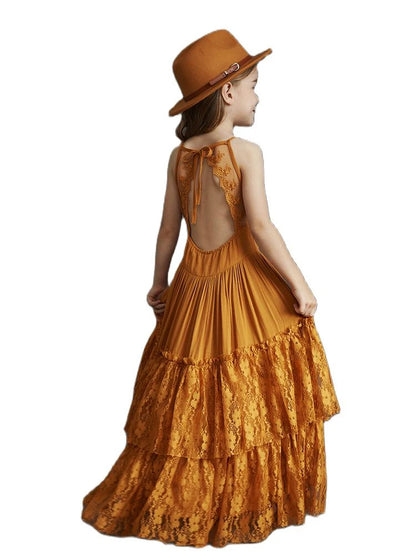 Girls Bohemia Lace Design Backless Chiffon Long Dresses childrensterritory