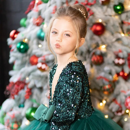 Kid Girls Ball Gown/Party Dress with a Deep V Neck &amp; Big Bow Puff