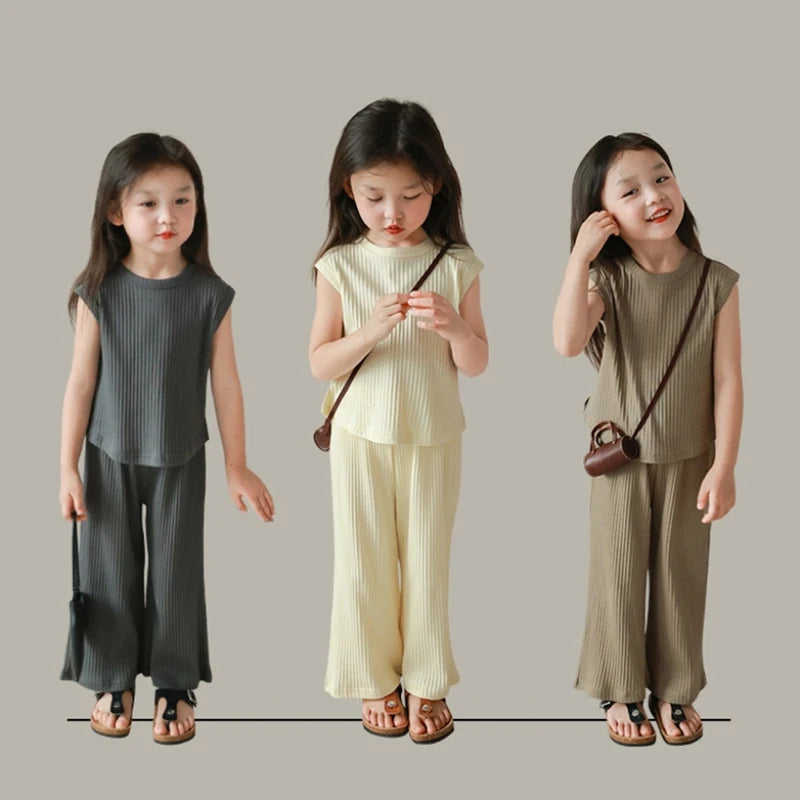 Kids Girls Summertime Sleeveless T-Shirt + Trousers Casual Outfit Set childrensterritory