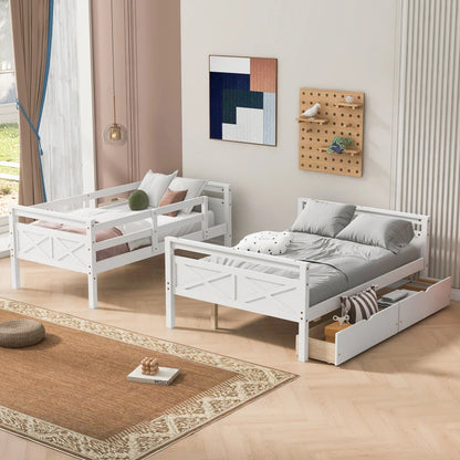 A Twin Over Bunk Bed Featuring Storage Drawers and Ladders