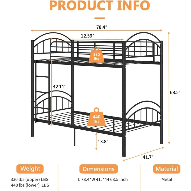 Convertible Metal Bunk Bed Frame with Removable Ladder &amp; Guard Rail childrensterritory