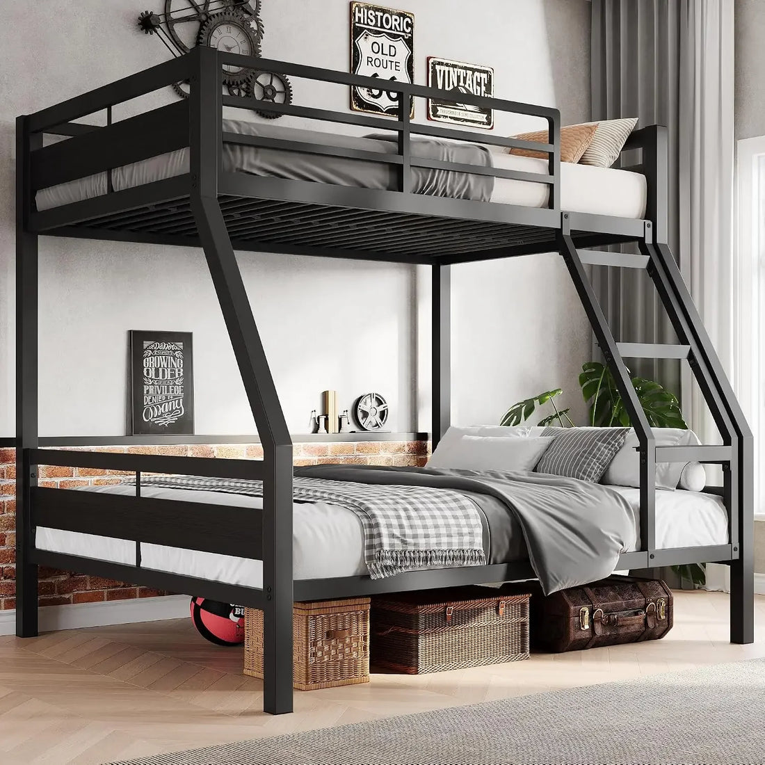 Sturdy Metal Frame Bunk Bed with Slats and Side Rails