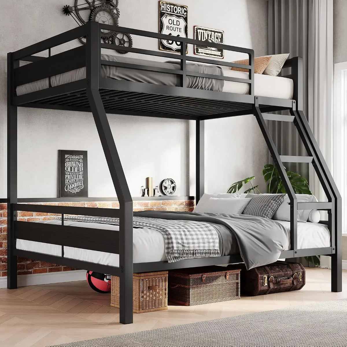 Sturdy Metal Frame Bunk Bed with Slats and Side Rails