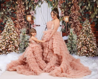 Mother-Daughter Ruffle Tulle Matching Party Dresses