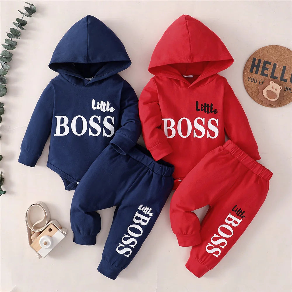 "Little Boss" Print Baby Boy Hooded Clothing Set