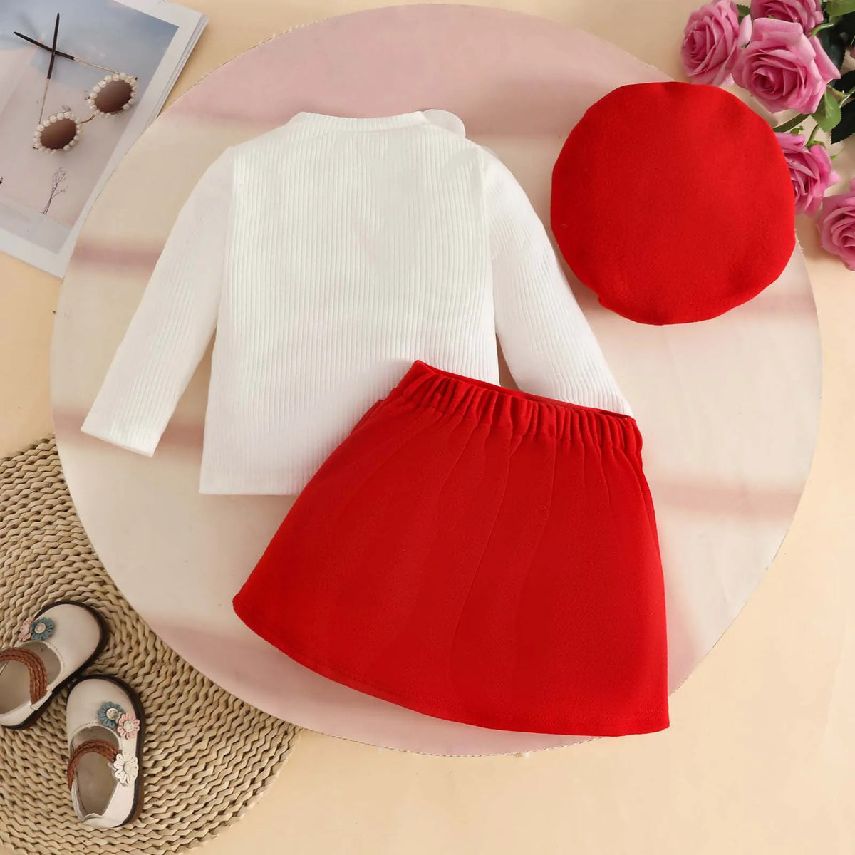 Baby Girls 3Pcs Cute Top+Bow Skirt+Beret Fashion Outfit