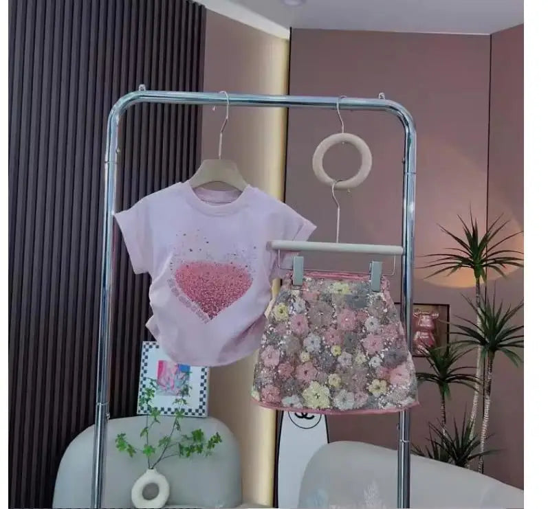 Kids Girls Floral Wrap-Hip Dress with a Heart Sequin T-shirt childrensterritory