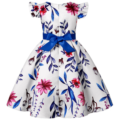 Little Girls Flying Sleeve Floral Birthday Party Dresses childrensterritory
