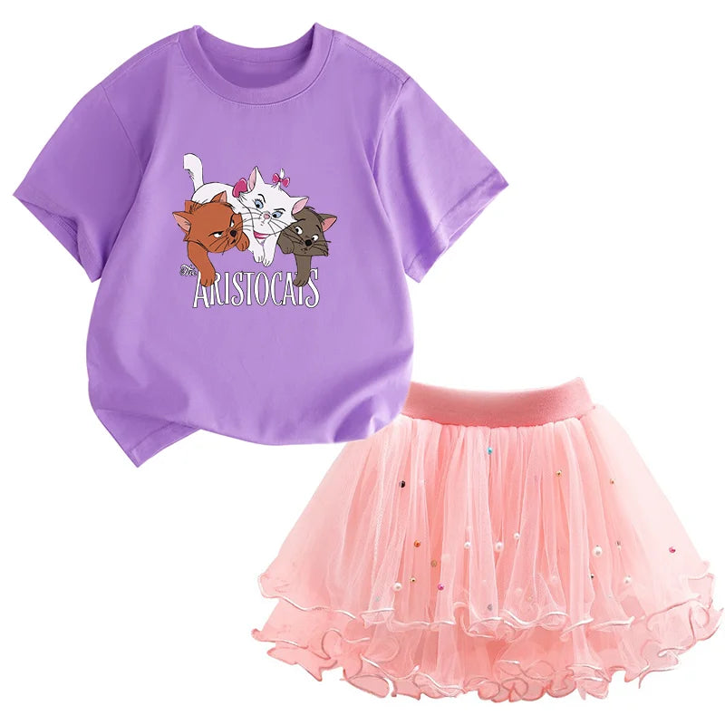 Kids Girls Marie Cat Design Summer T-shirt &amp; Tutu Skirt Set childrensterritory