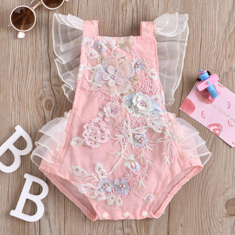 Baby Girls Cute Flower Lace Design Sleeveless Rompers