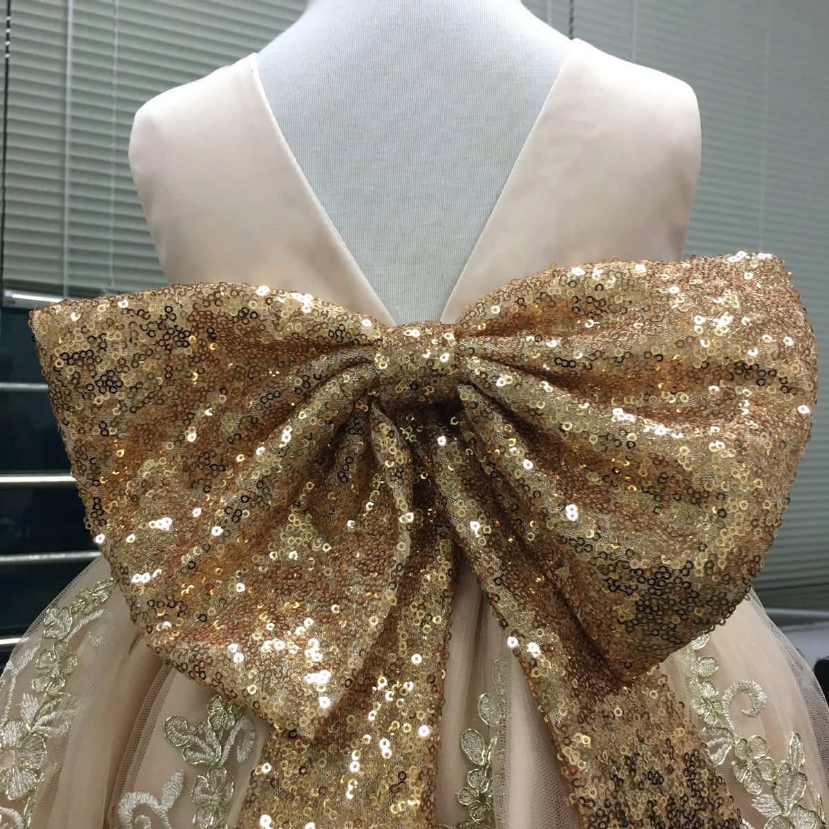 Gold Sequined Bow Knee Length First Birthday Party Dress