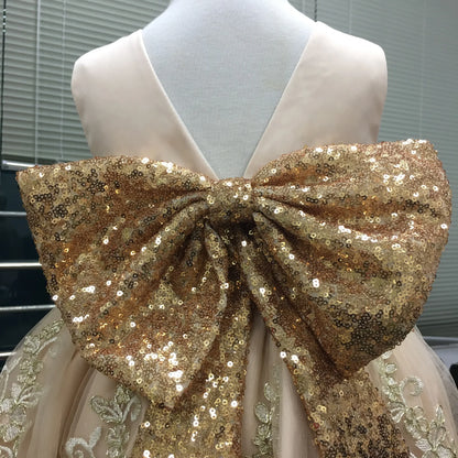 Gold Sequined Bow Knee Length First Birthday Party Dress