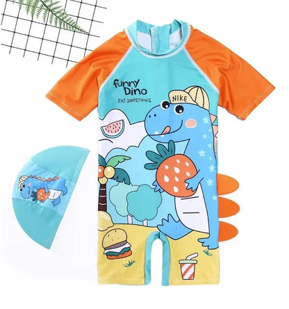 Cartoon Dinosaur Toddler Boy Rash Guard Swimwear with Cap