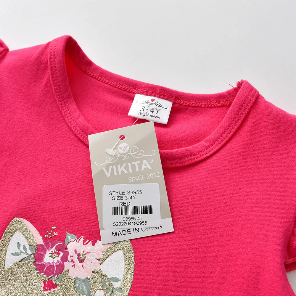 Kids Girls Cat Cartoon Print Flare Sleeve Summer T Shirts childrensterritory