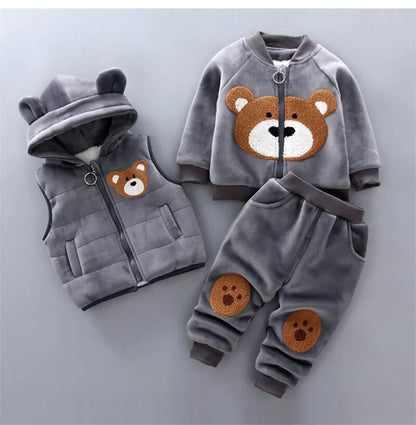 Baby Fleece Cartoon Bear Design, 3 Pieces Warm Clothing Set childrensterritory