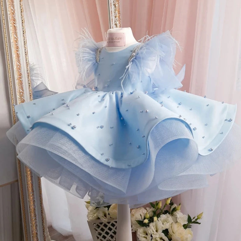 Baby/Kids Girl Satin Pearls Design Tulle Princess Party Dresses