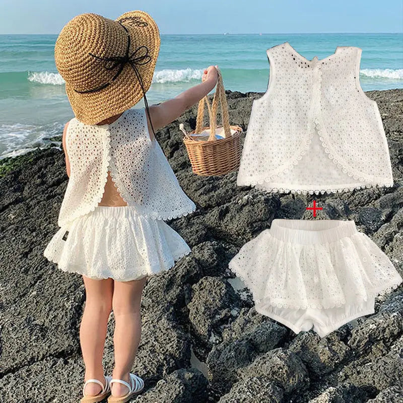 Little Girls Hollow Lace Design Summer Clothing Sets childrensterritory