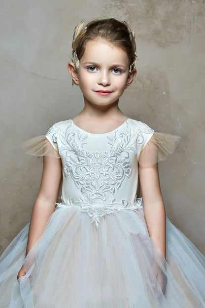 Kids Girl Long Train Floor Length Princess Ball Gown With Bow childrensterritory