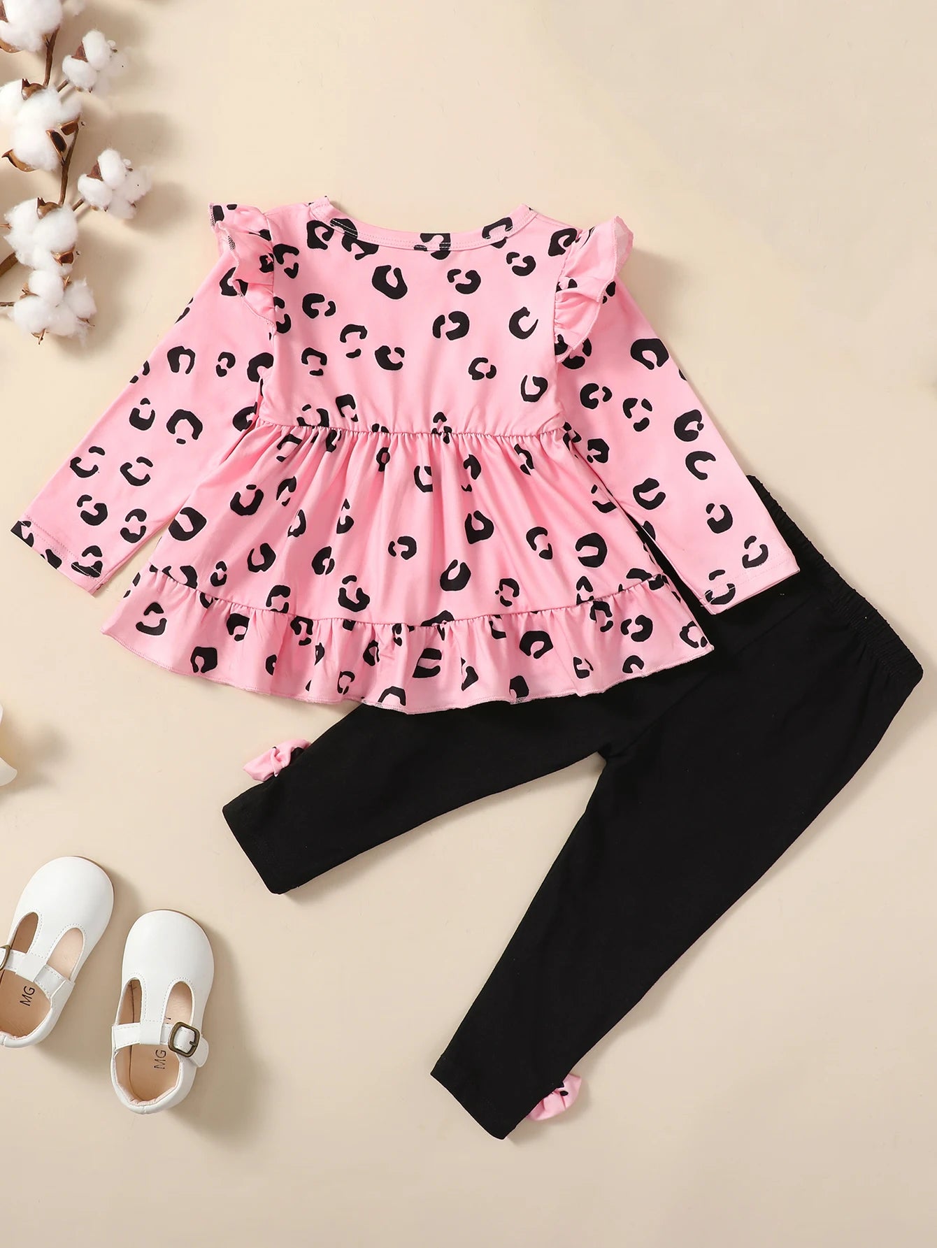 Baby Girls Leopard Print Ruffle Top &amp; Elastic Waist Pants Set childrensterritory