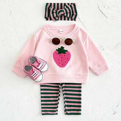 Baby Girls Strawberry Top with Striped Legging and Headscarf Set childrensterritory