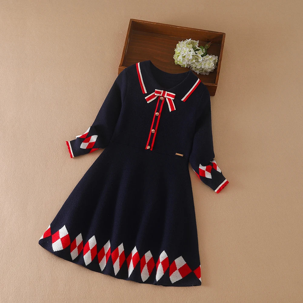 Girls' Long-Sleeved Collar Design Warm Dresses childrensterritory