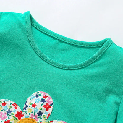 Kids Girls Cartoon Flowers Design Cotton Tops for Summer childrensterritory