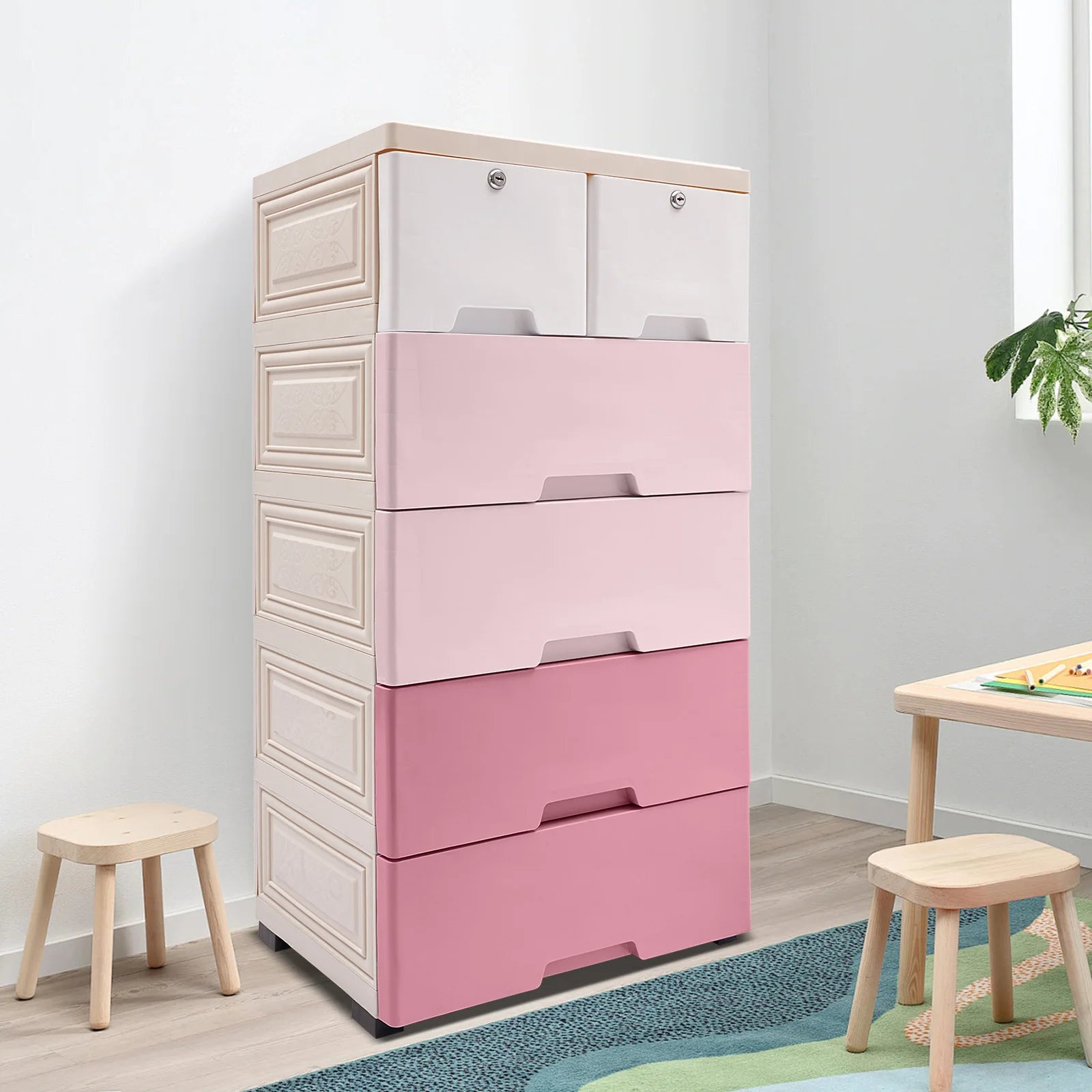 Modern Gradient Pink Design Plastic Storage Cabinet W/ 6 Drawers