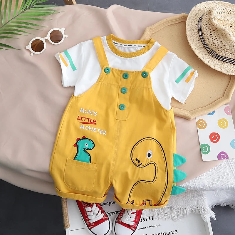 Baby Boys Strips T-Shirt Cartoon Print Denim Bib Pants 2Pcs/Set childrensterritory