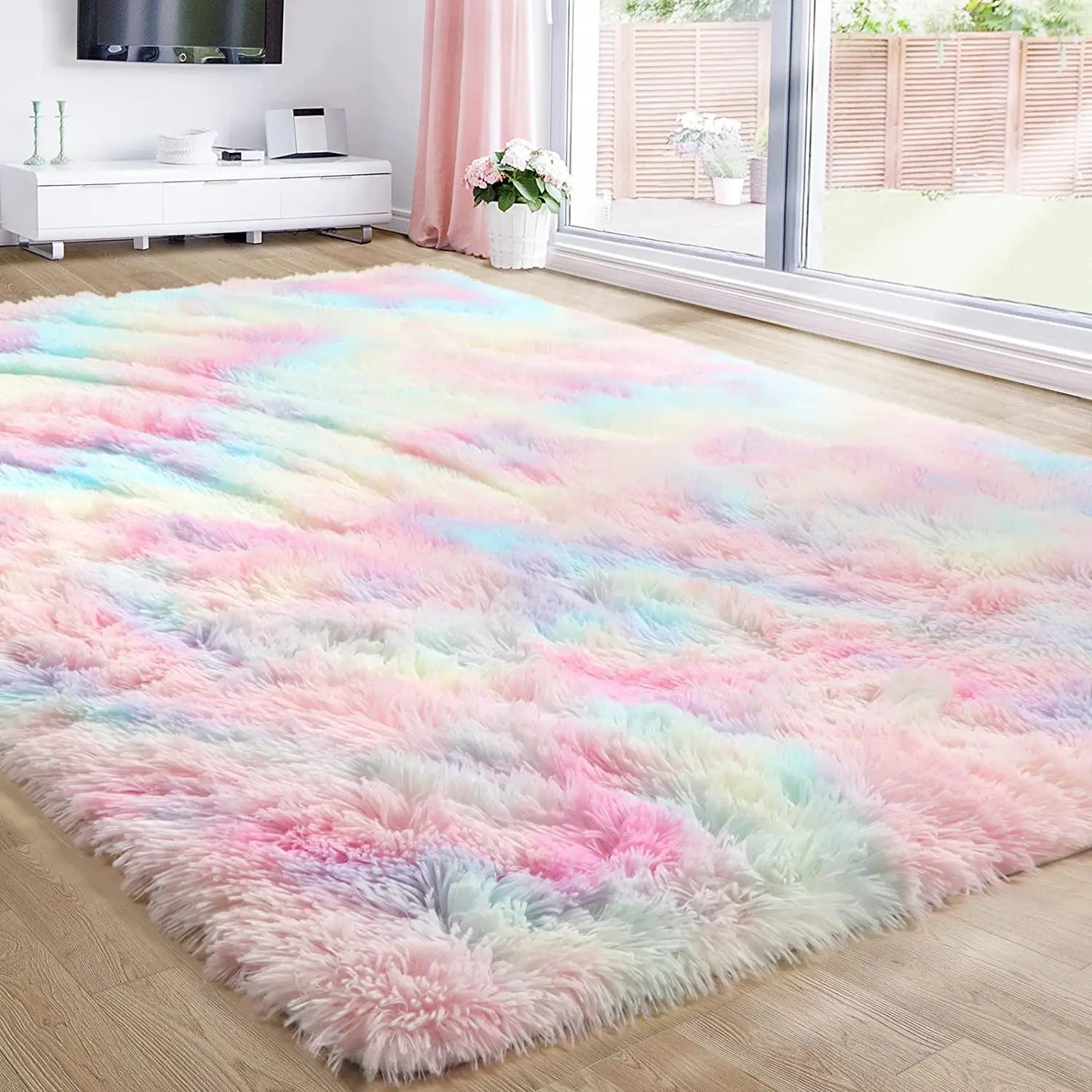 Soft Furry Rainbow Rugs for Kids Bedroom Decor