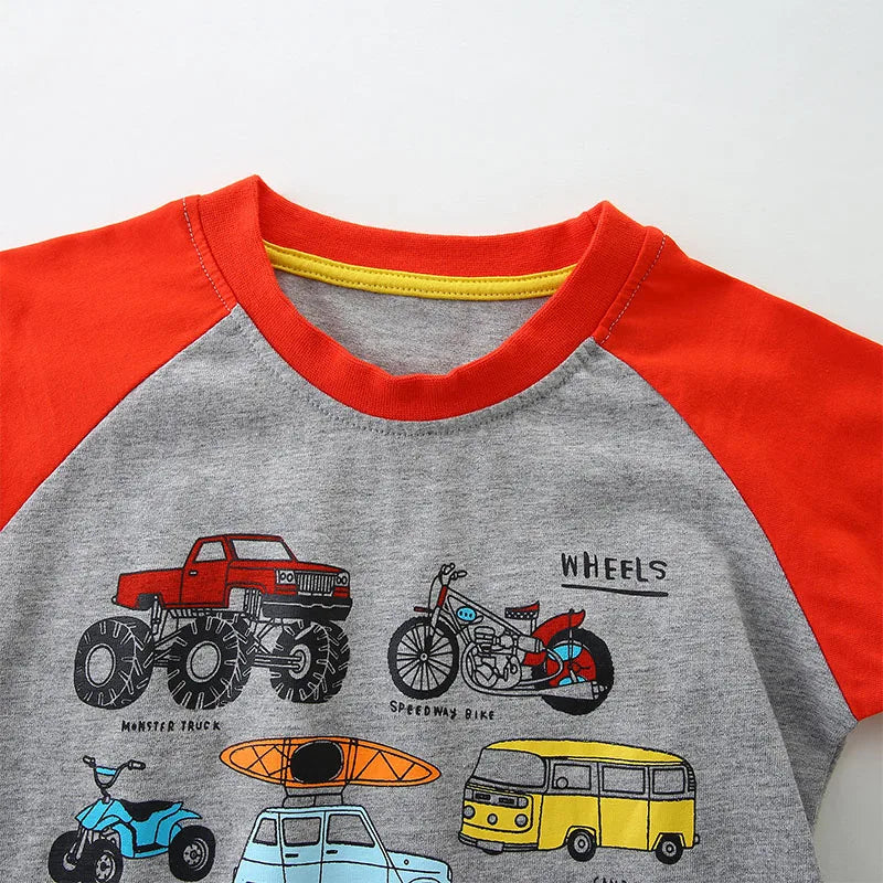 Kids Boys Cartoon Vehicles Print Grey Summer T-shirt childrensterritory