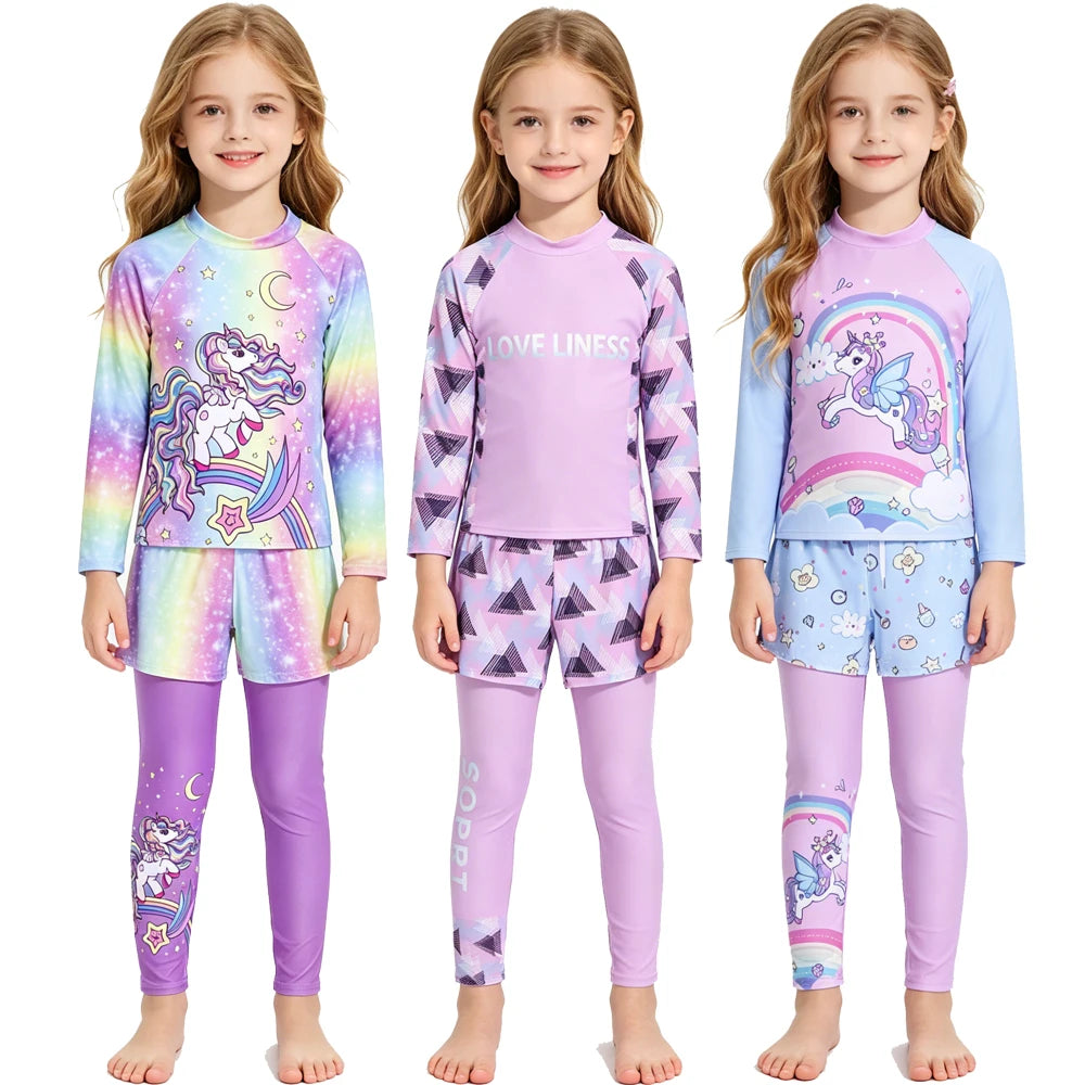Long Sleeve Printed Sun Protection Kids 3 Piece Swimsuit