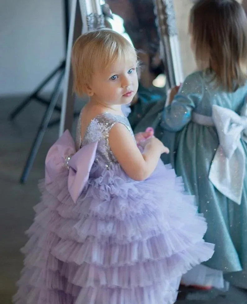 Gorgeous Bow Sequin-Tiered Tulle Birthday Dresses for Little Girls