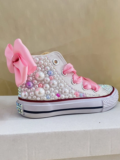 Kids Girls Pink Sparkle Gold Rhinestones Canvas Sneakers