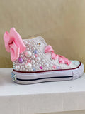 Kids Girls Pink Sparkle Gold Rhinestones Canvas Sneakers