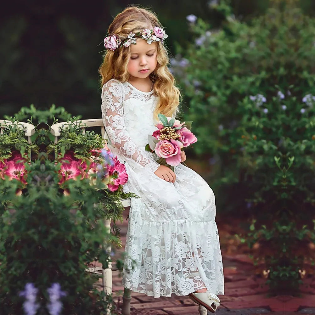 Kids Girl White Beige Long Sleeve Bridesmaid Dresses for Summer