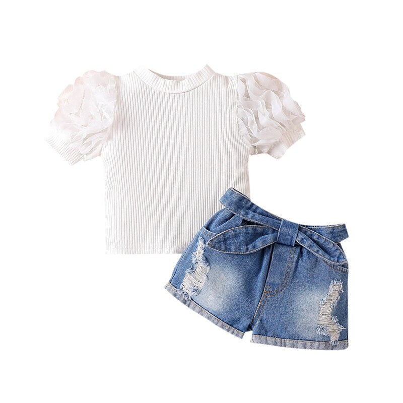 Kids Girl Ribbed Tops Belted Denim Shorts 2Pcs Outfits childrensterritory