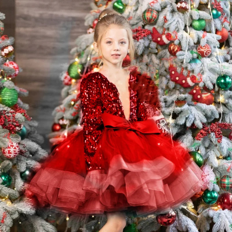 Kid Girls Ball Gown/Party Dress with a Deep V Neck &amp; Big Bow Puff