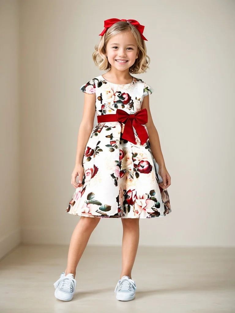 Flower Print Kids Girls Elegant Birthday Party Dresses childrensterritory