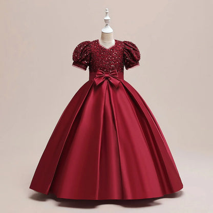 Sequin Bow Design Kids Girls Bridesmaid Princess Party Dress childrensterritory