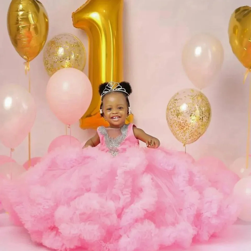 Fluffy, Floor-Length, Layered Pink Princess Ball Gown for Girls childrensterritory