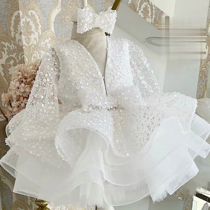 Puffy Glitter Sequined Flower Girl Dress with Detachable Train