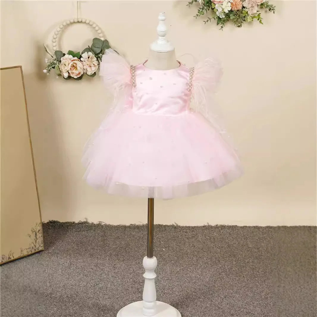 Pearl Decorated Puffy Pink Princess Dress for Girl&