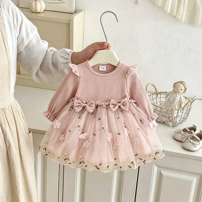 Bowknot Floral Embroidered Mesh Dress for Baby Girl&