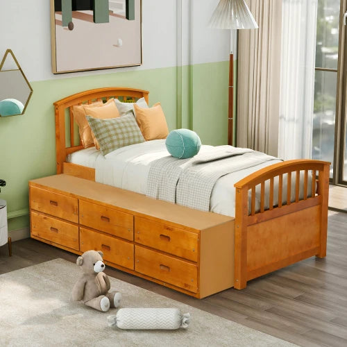 A Twin-Sized Wooden Platform Bed with Six Drawers for Storage childrensterritory